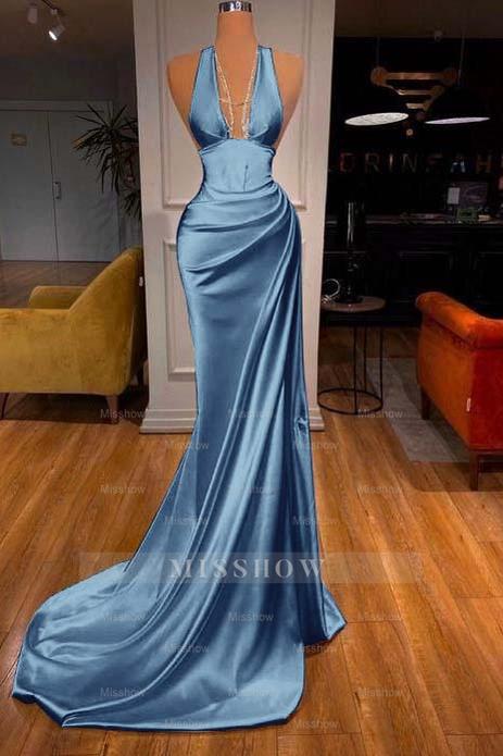 Halter Deep V Neck Sleeveless Mermaid Long Formal Dress Elegant With Ruffles