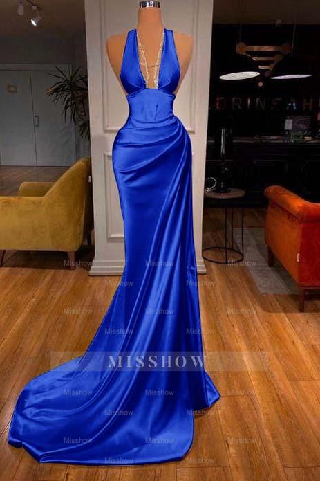 Halter Deep V Neck Sleeveless Mermaid Long Formal Dress Elegant With Ruffles