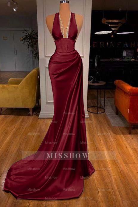 Halter Deep V Neck Sleeveless Mermaid Long Formal Dress Elegant With Ruffles