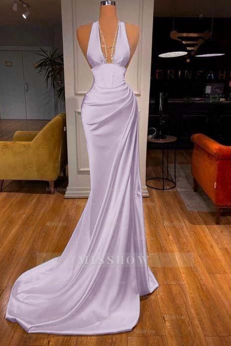 Halter Deep V Neck Sleeveless Mermaid Long Formal Dress Elegant With Ruffles