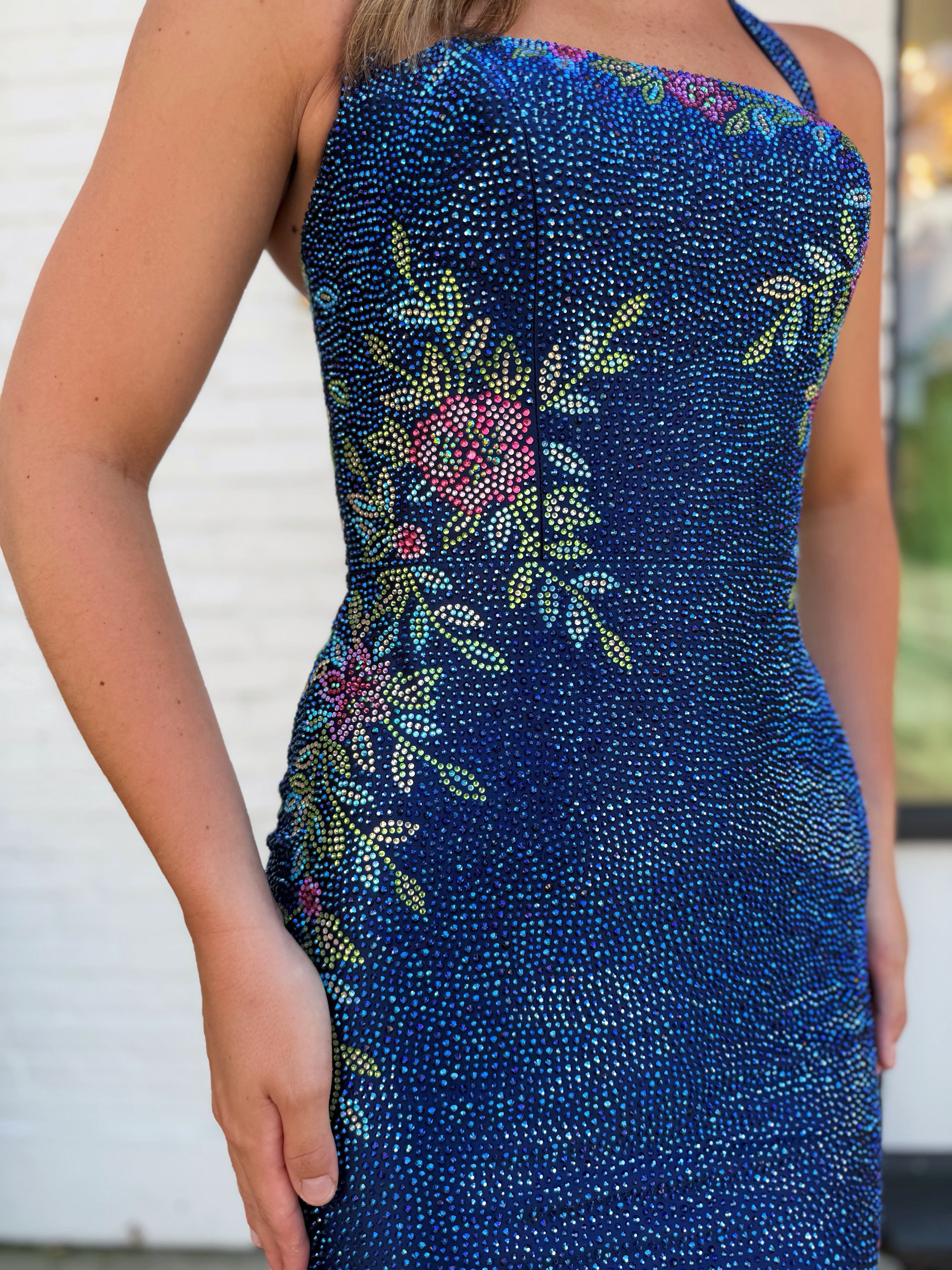 Halter Full Rhinestone Floral Motif Bodycon Homecoming Dress Mini