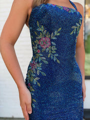 Halter Full Rhinestone Floral Motif Bodycon Homecoming Dress Mini