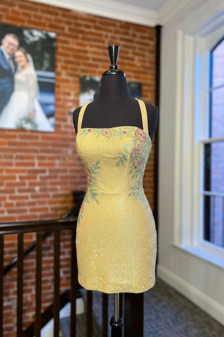 Halter Full Rhinestone Floral Motif Bodycon Homecoming Dress Mini