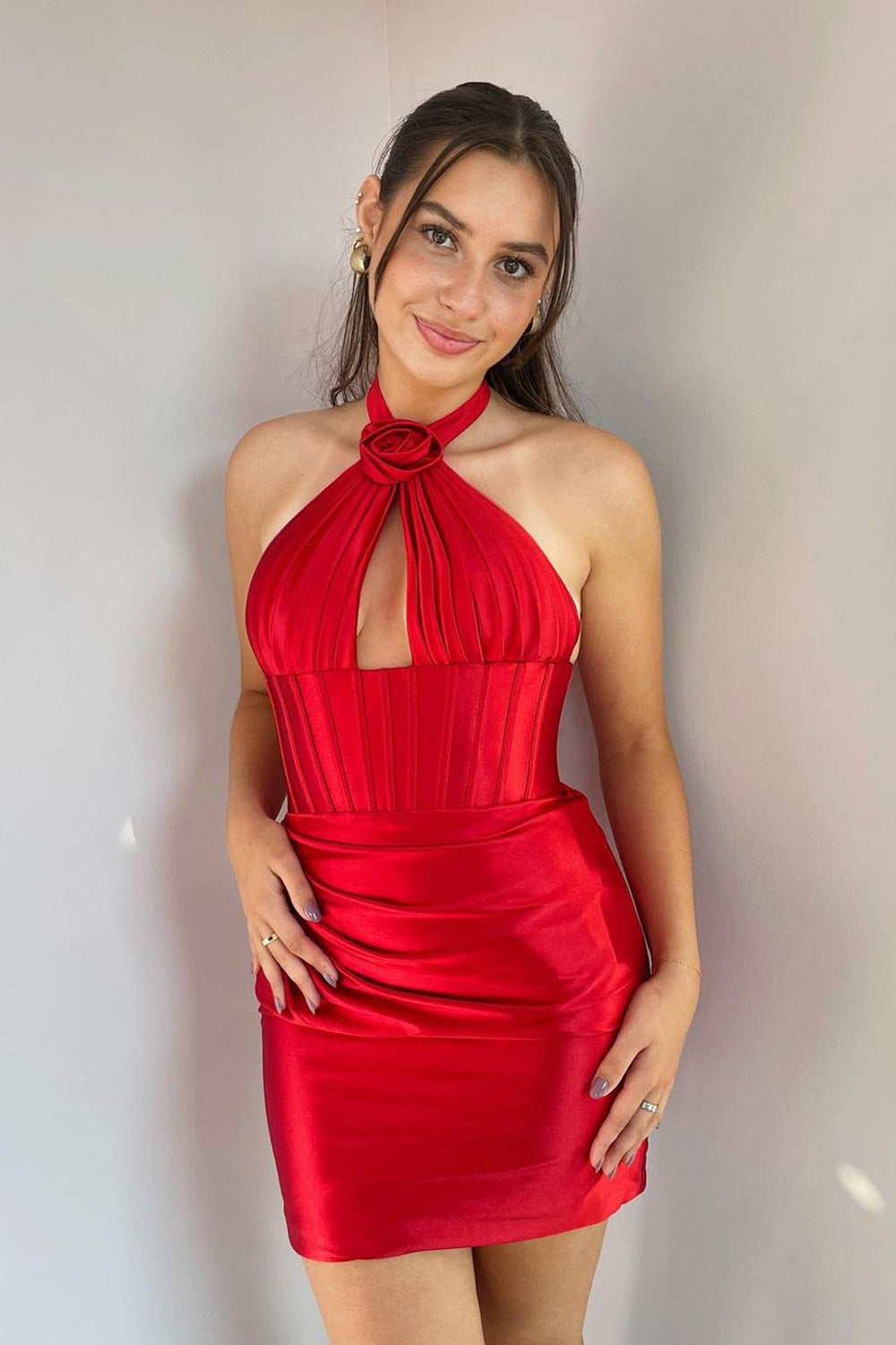 Halter Neck 3D Rosette Flower Cutout Satin Ruched Open Back Bodycon Homecoming Dress Mini