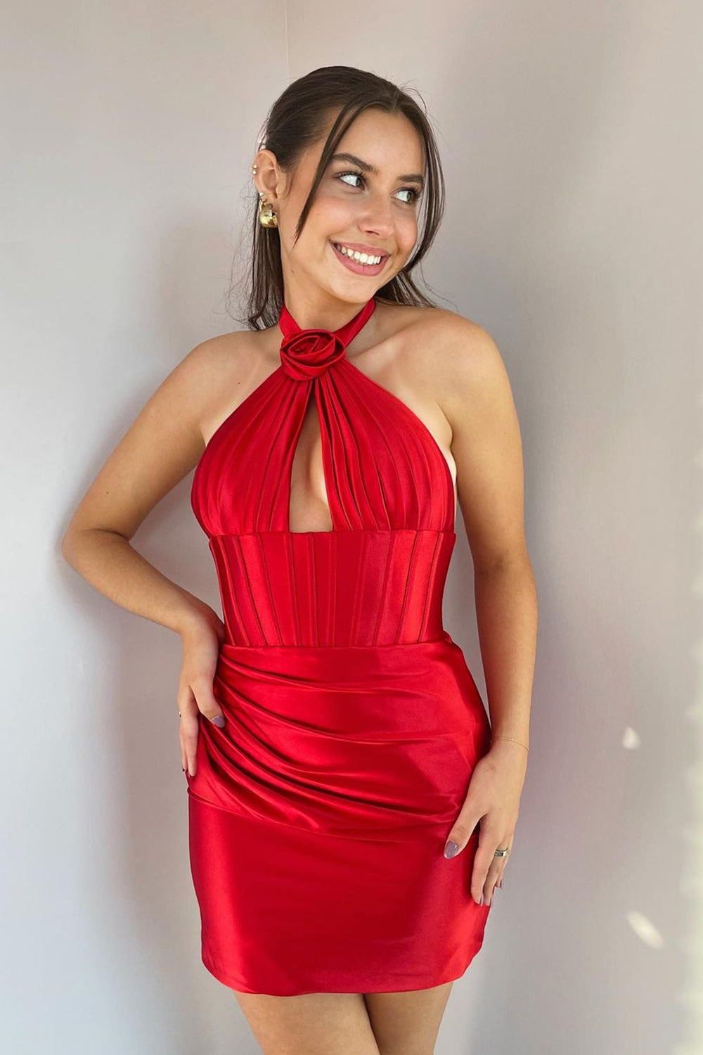 Halter Neck 3D Rosette Flower Cutout Satin Ruched Open Back Bodycon Homecoming Dress Mini