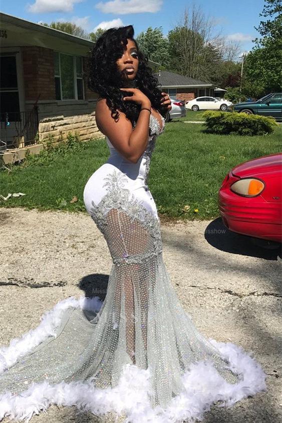 Halter Neck Mermaid Long Formal Dress Waist Skimming With Appliques Feathers