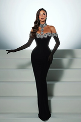 Halter Off the Shoulder Long Sleeves Long Mermaid Formal Dress With Beading