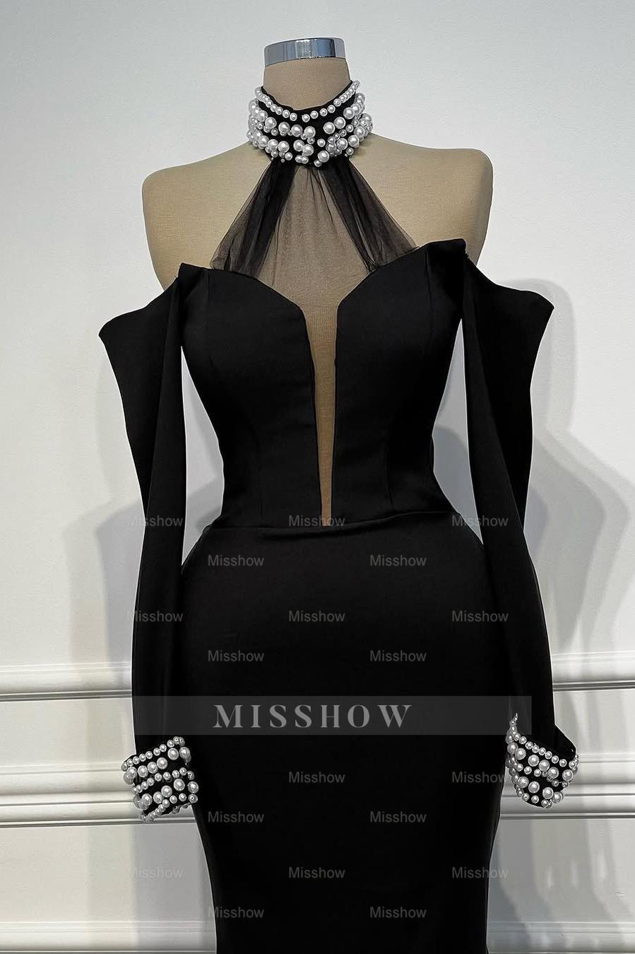 Halter Off the Shoulder Long Sleeves Mermaid Long Formal Dress With Beading