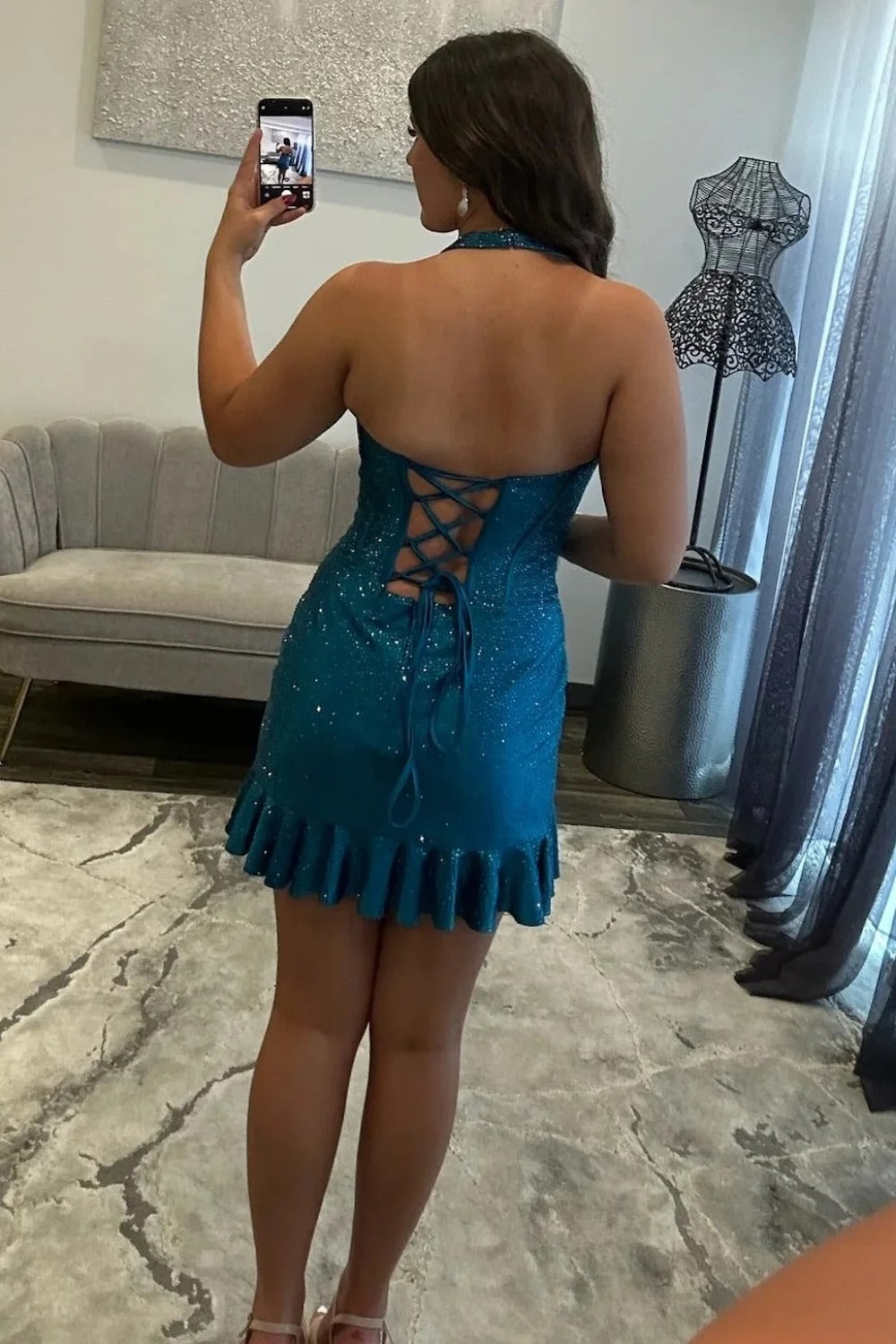 Halter Rhinestone Ruched Satin Corset Bodycon Ruffle Hem Homecoming Dress Lace-Up Open Back Mini
