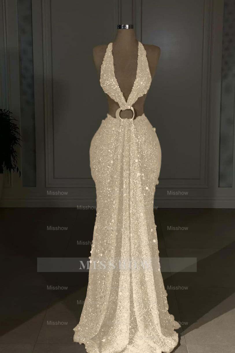 Halter Sleeveless Backless Long Mermaid Formal Dress With Sequins