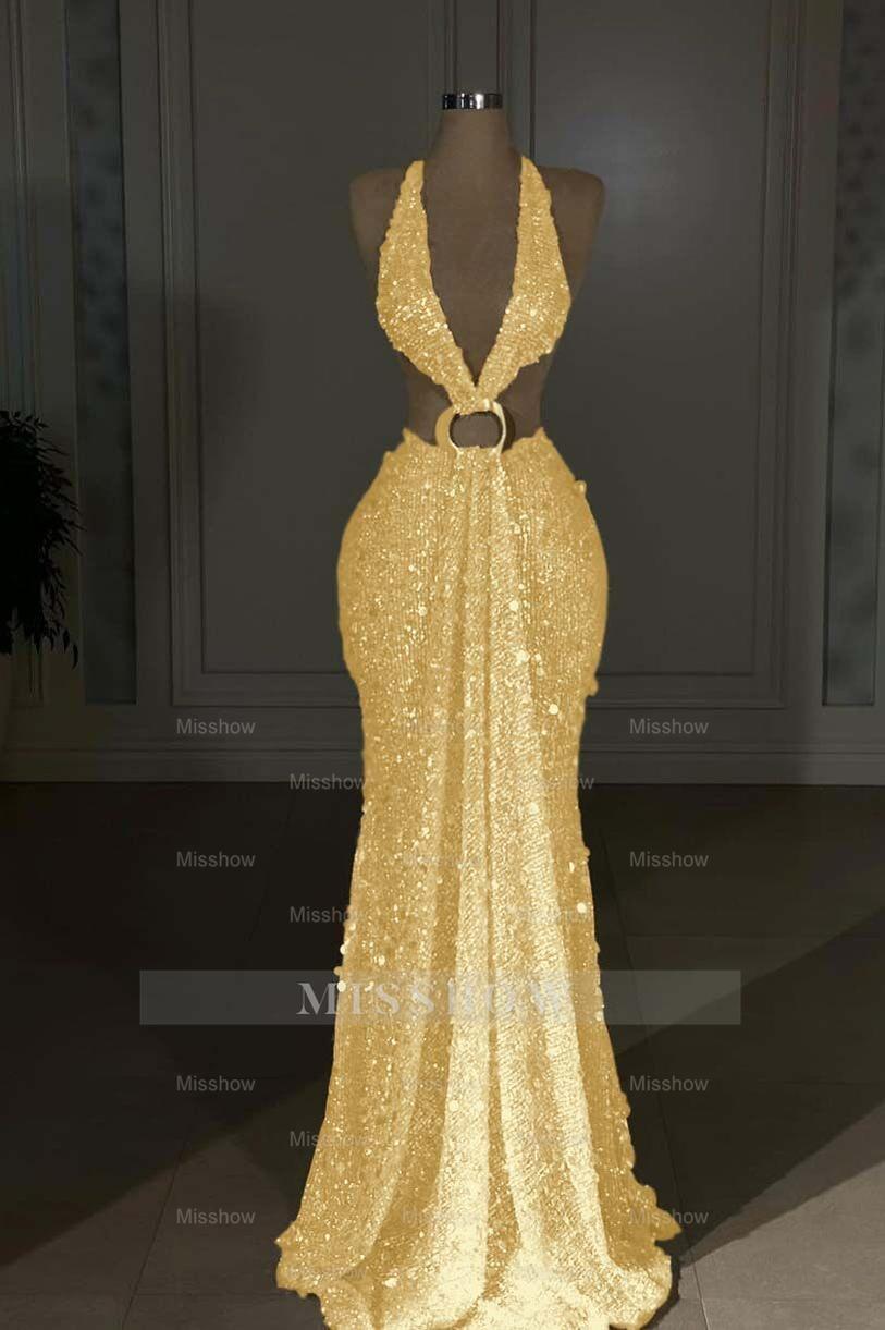Halter Sleeveless Backless Long Mermaid Formal Dress With Sequins