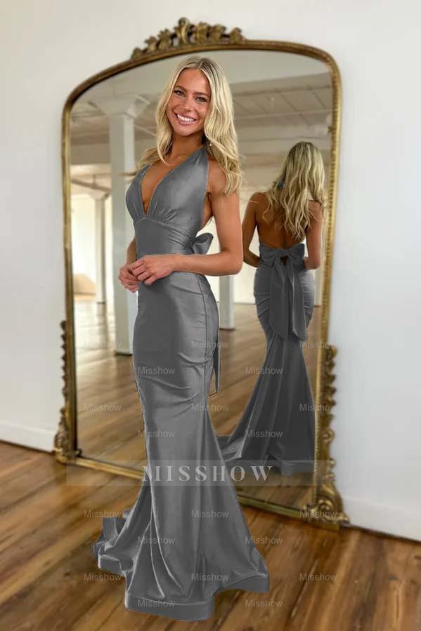 Halter Sleeveless Backless Mermaid Long Formal Dress With Bowknot
