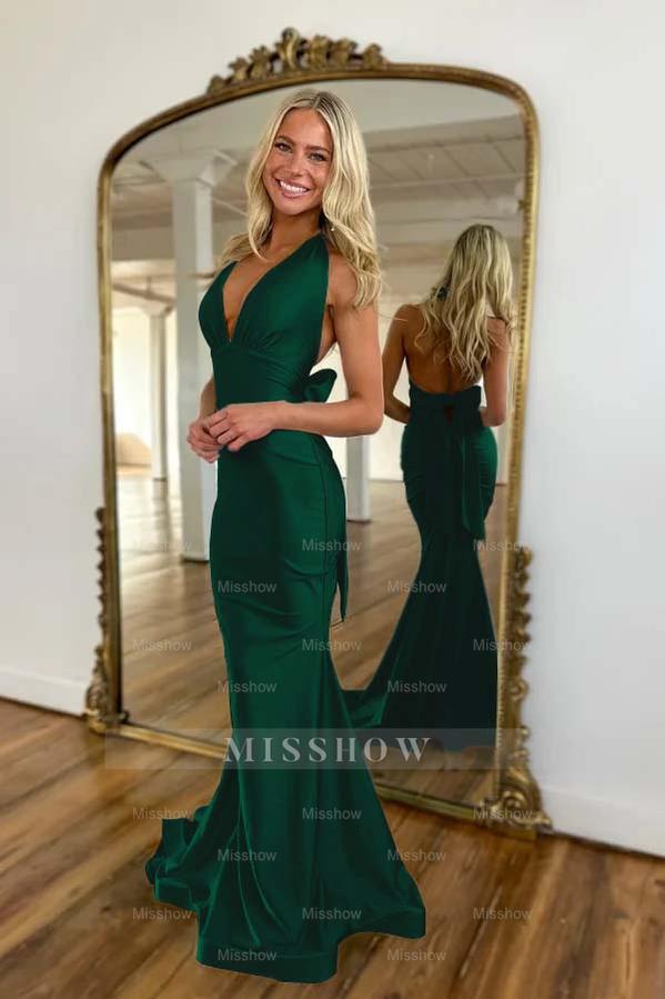Halter Sleeveless Backless Mermaid Long Formal Dress With Bowknot