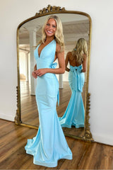 Halter Sleeveless Backless Mermaid Long Formal Dress With Bowknot