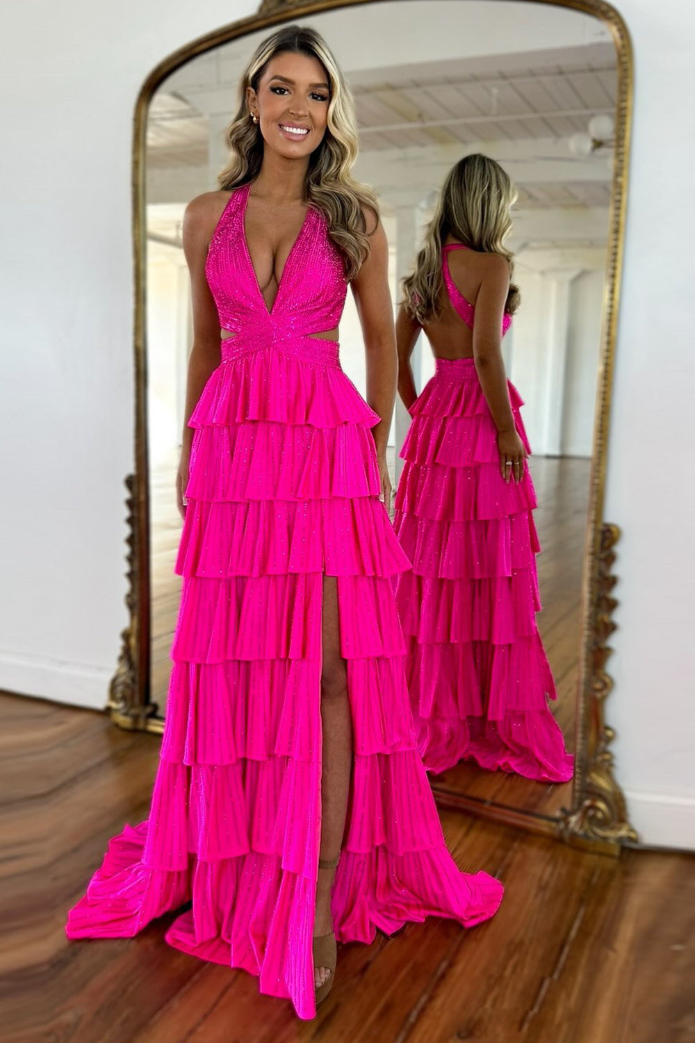 Halter Sleeveless Beading Tiered Ruffle A-Line Prom Dress Side Slit Open Back Floor Length