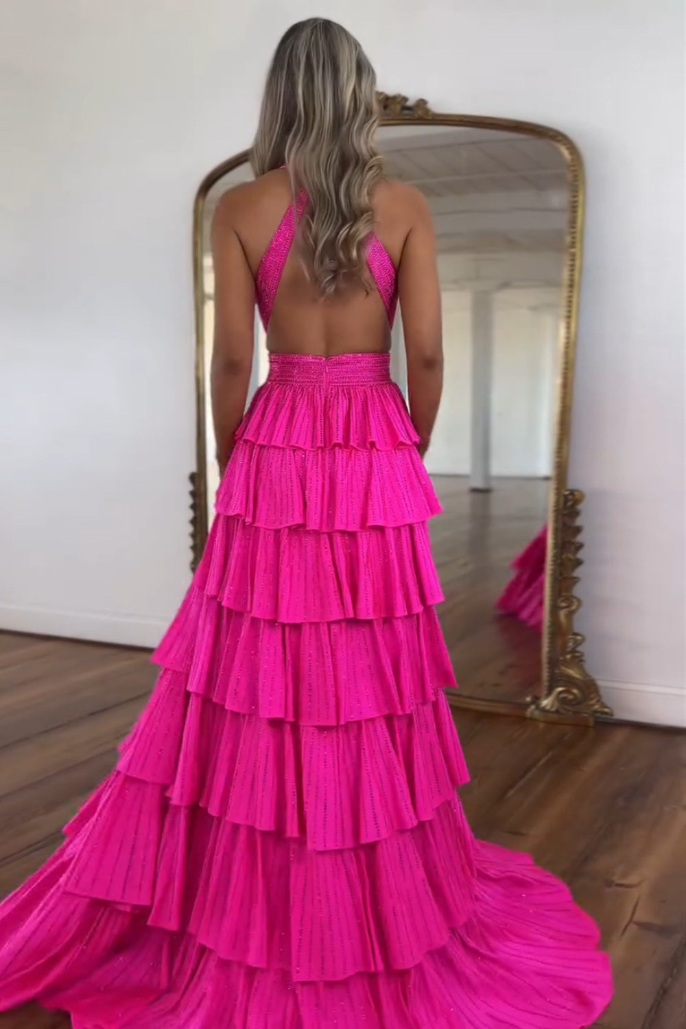 Halter Sleeveless Beading Tiered Ruffle A-Line Prom Dress Side Slit Open Back Floor Length