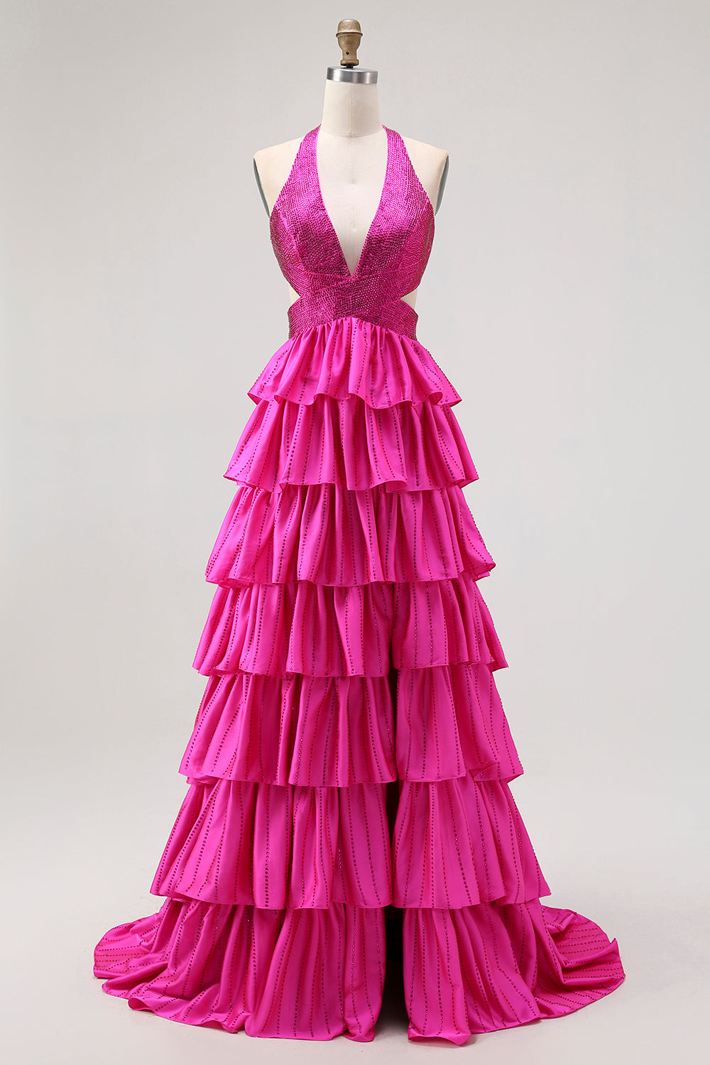 Halter Sleeveless Beading Tiered Ruffle A-Line Prom Dress Side Slit Open Back Floor Length