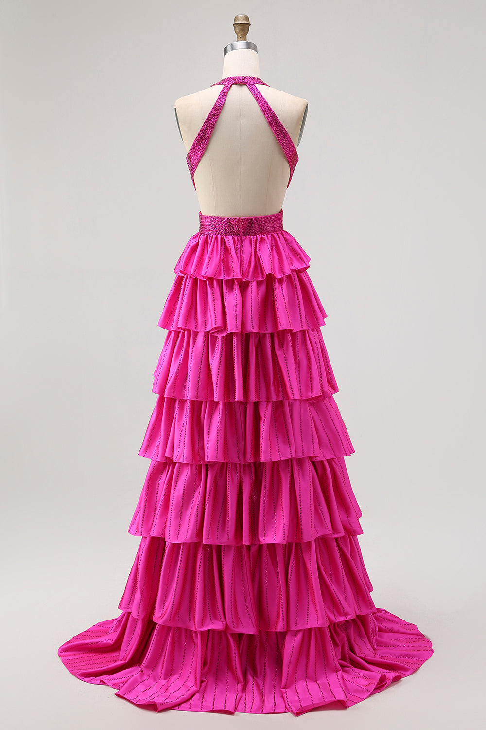 Halter Sleeveless Beading Tiered Ruffle A-Line Prom Dress Side Slit Open Back Floor Length