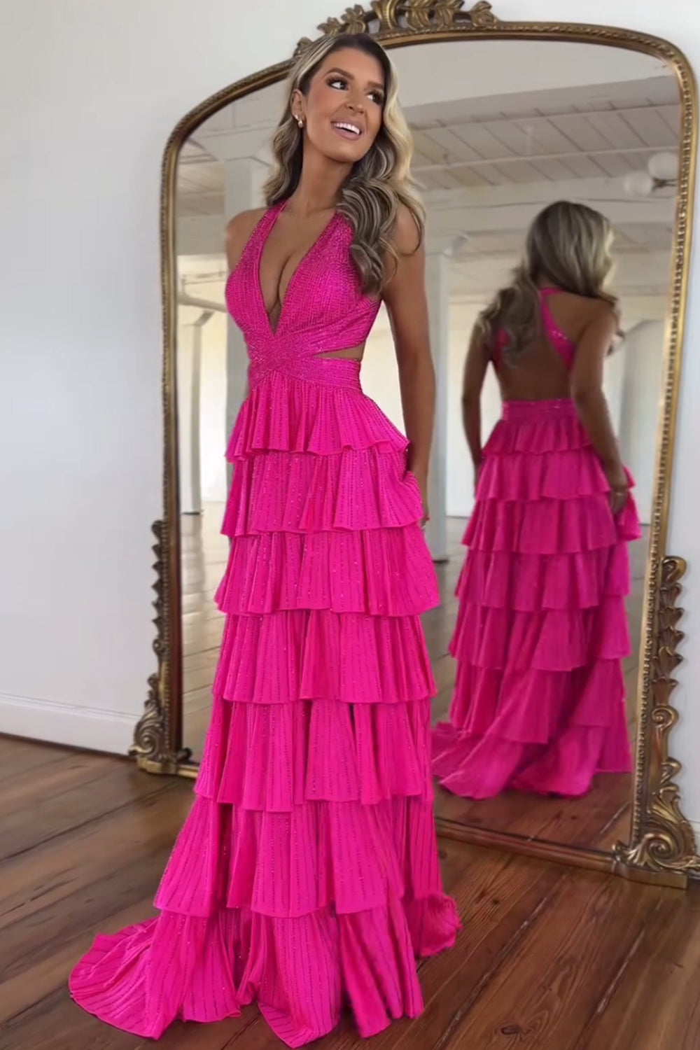 Halter Sleeveless Beading Tiered Ruffle A-Line Prom Dress Side Slit Open Back Floor Length