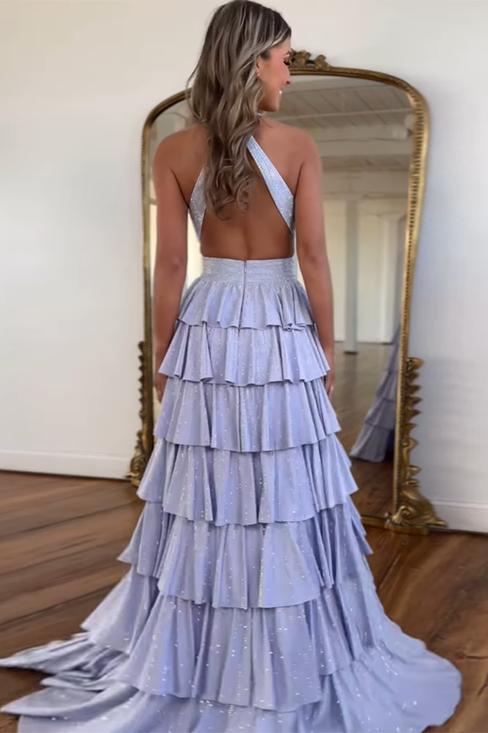 Halter Sleeveless Beading Tiered Ruffle A-Line Prom Dress Side Slit Open Back Floor Length