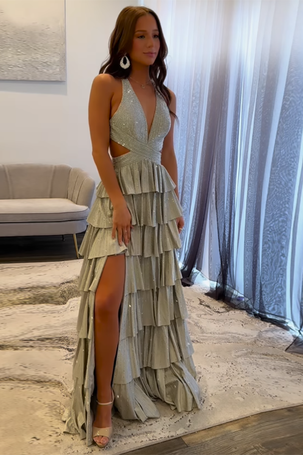Halter Sleeveless Beading Tiered Ruffle A-Line Prom Dress Side Slit Open Back Floor Length