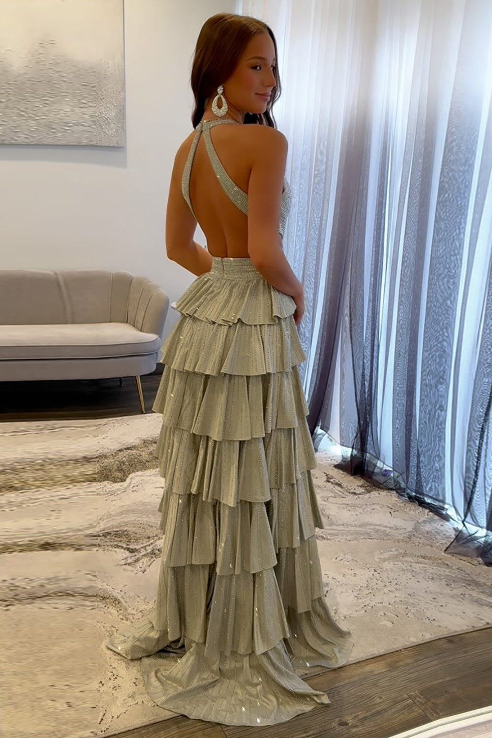 Halter Sleeveless Beading Tiered Ruffle A-Line Prom Dress Side Slit Open Back Floor Length