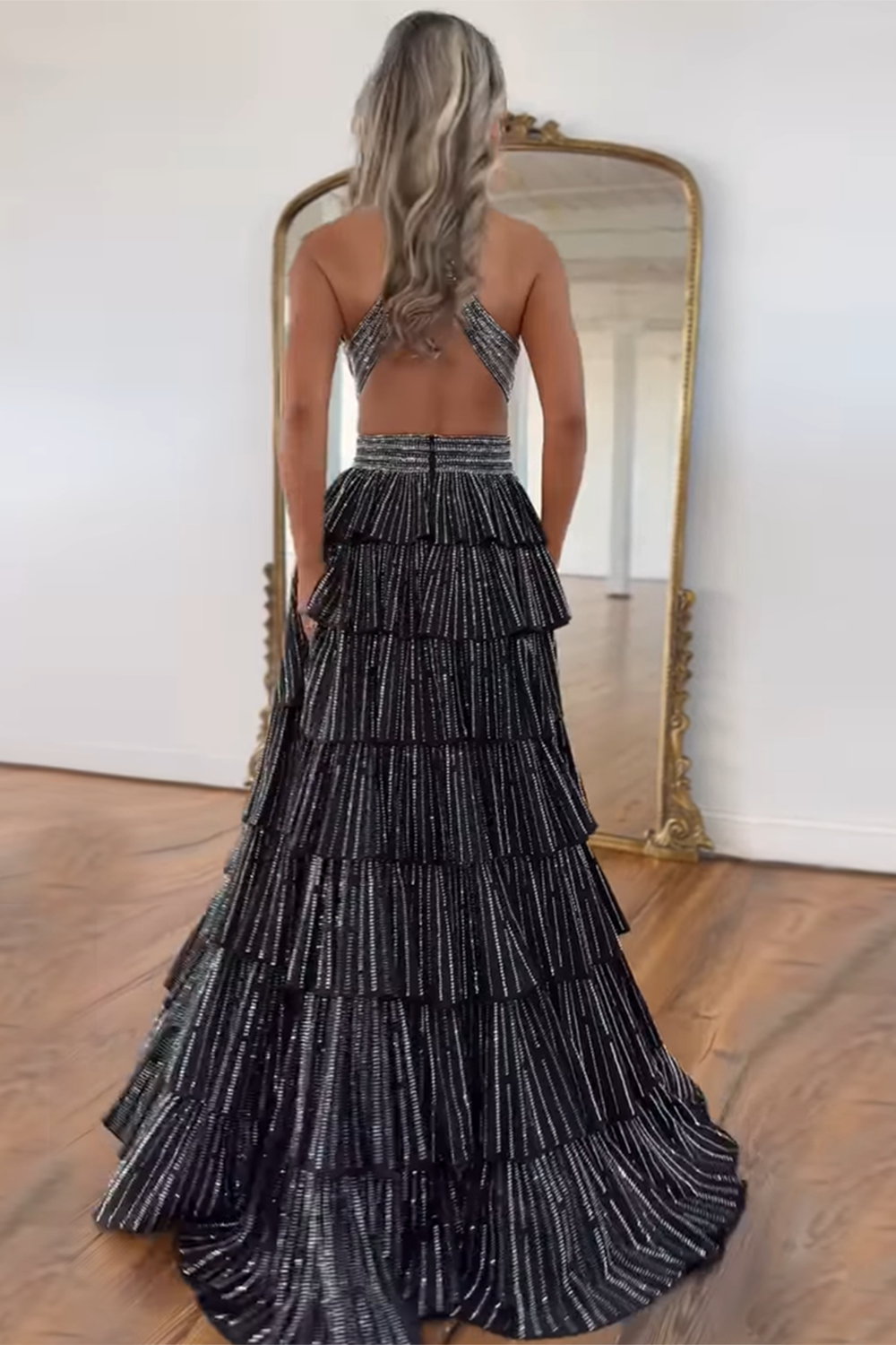 Halter Sleeveless Beading Tiered Ruffle A-Line Prom Dress Side Slit Open Back Floor Length