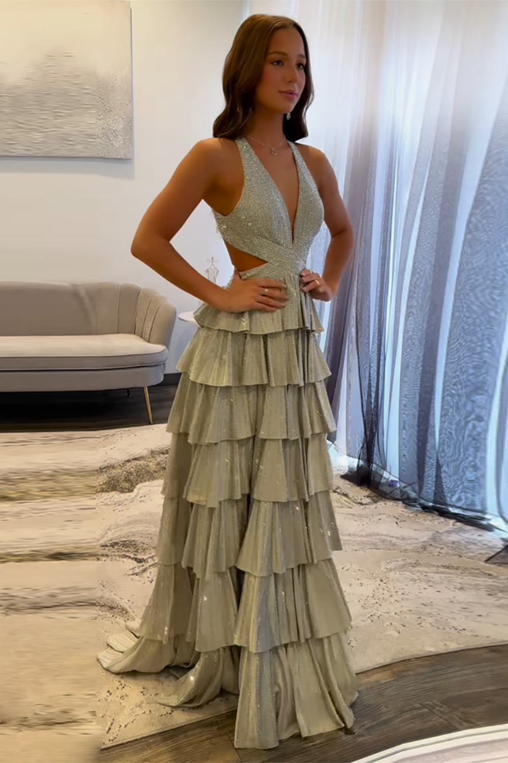 Halter Sleeveless Beading Tiered Ruffle A-Line Prom Dress Side Slit Open Back Floor Length