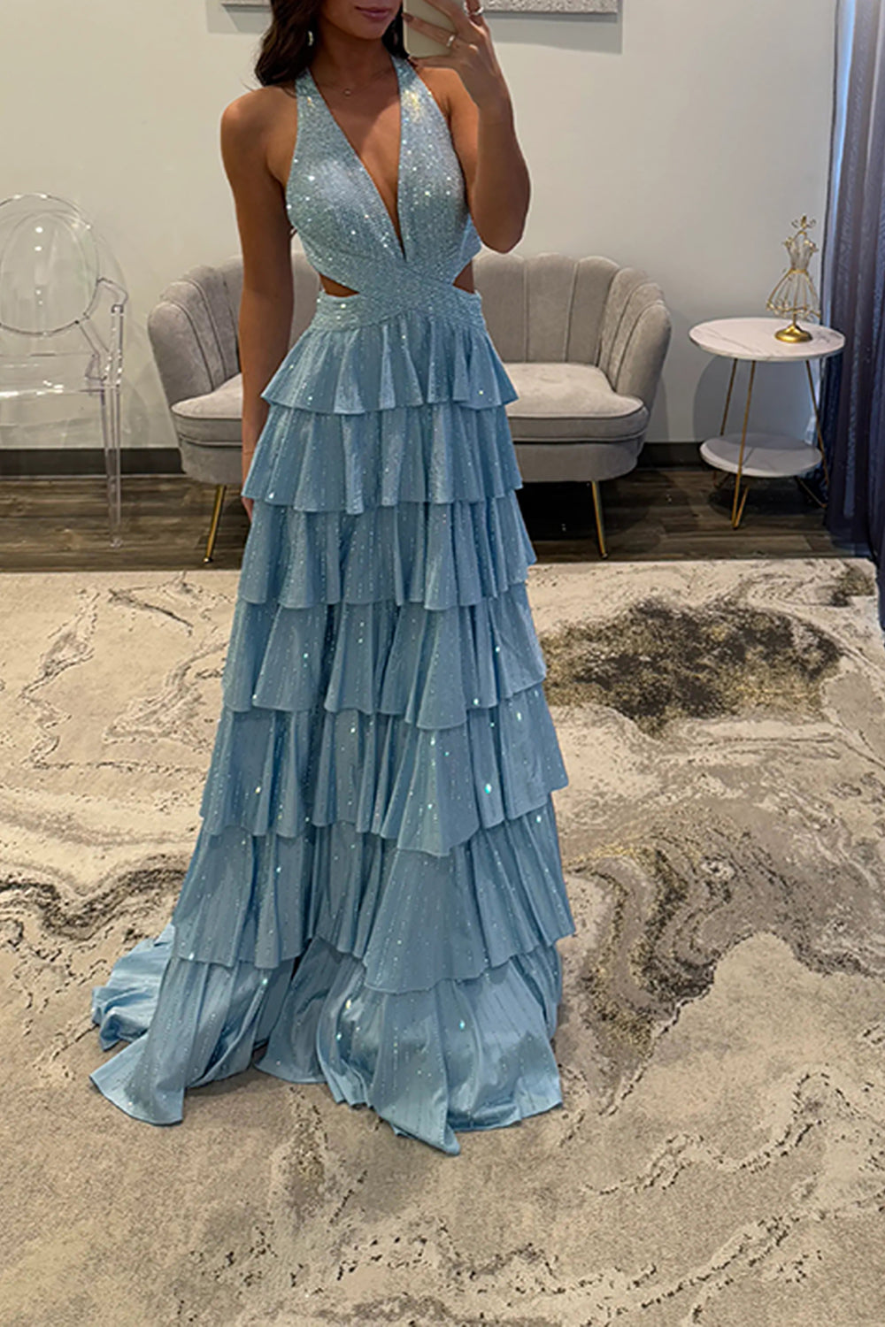 Halter Sleeveless Beading Tiered Ruffle A-Line Prom Dress Side Slit Open Back Floor Length