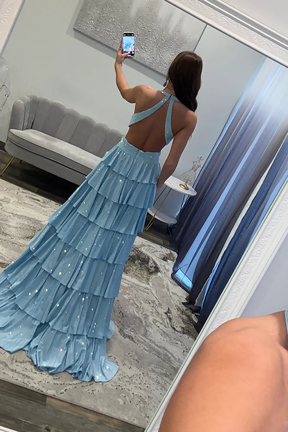 Halter Sleeveless Beading Tiered Ruffle A-Line Prom Dress Side Slit Open Back Floor Length
