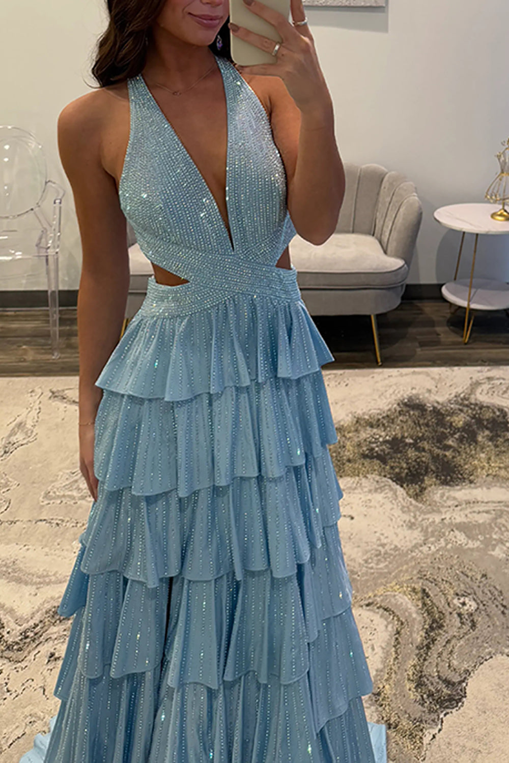 Halter Sleeveless Beading Tiered Ruffle A-Line Prom Dress Side Slit Open Back Floor Length