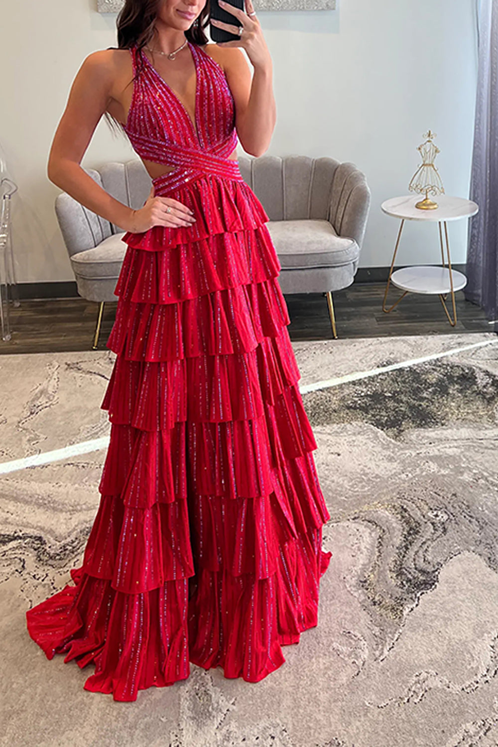 Halter Sleeveless Beading Tiered Ruffle A-Line Prom Dress Side Slit Open Back Floor Length