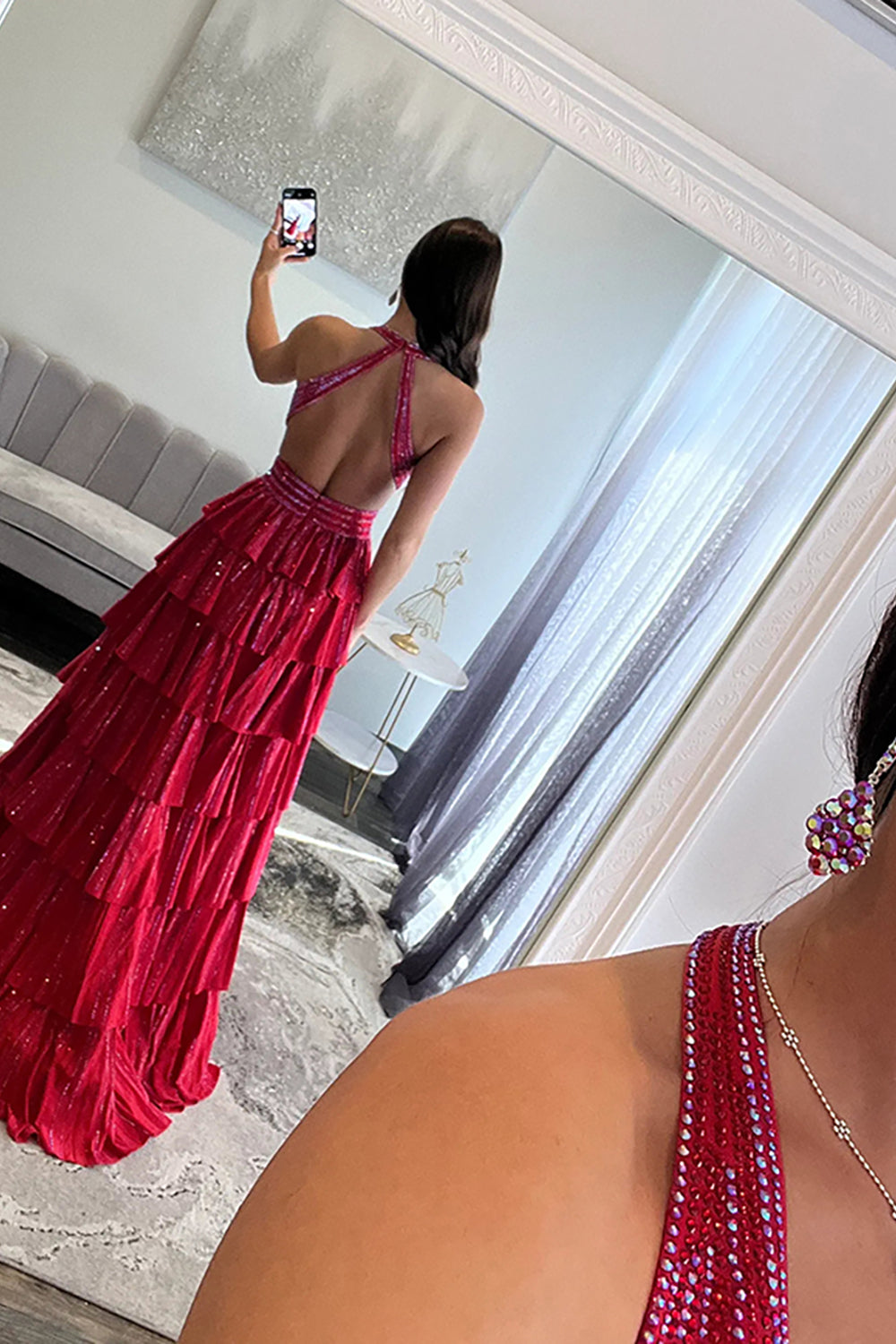 Halter Sleeveless Beading Tiered Ruffle A-Line Prom Dress Side Slit Open Back Floor Length