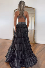 Halter Sleeveless Beading Tiered Ruffle A-Line Prom Dress Side Slit Open Back Floor Length
