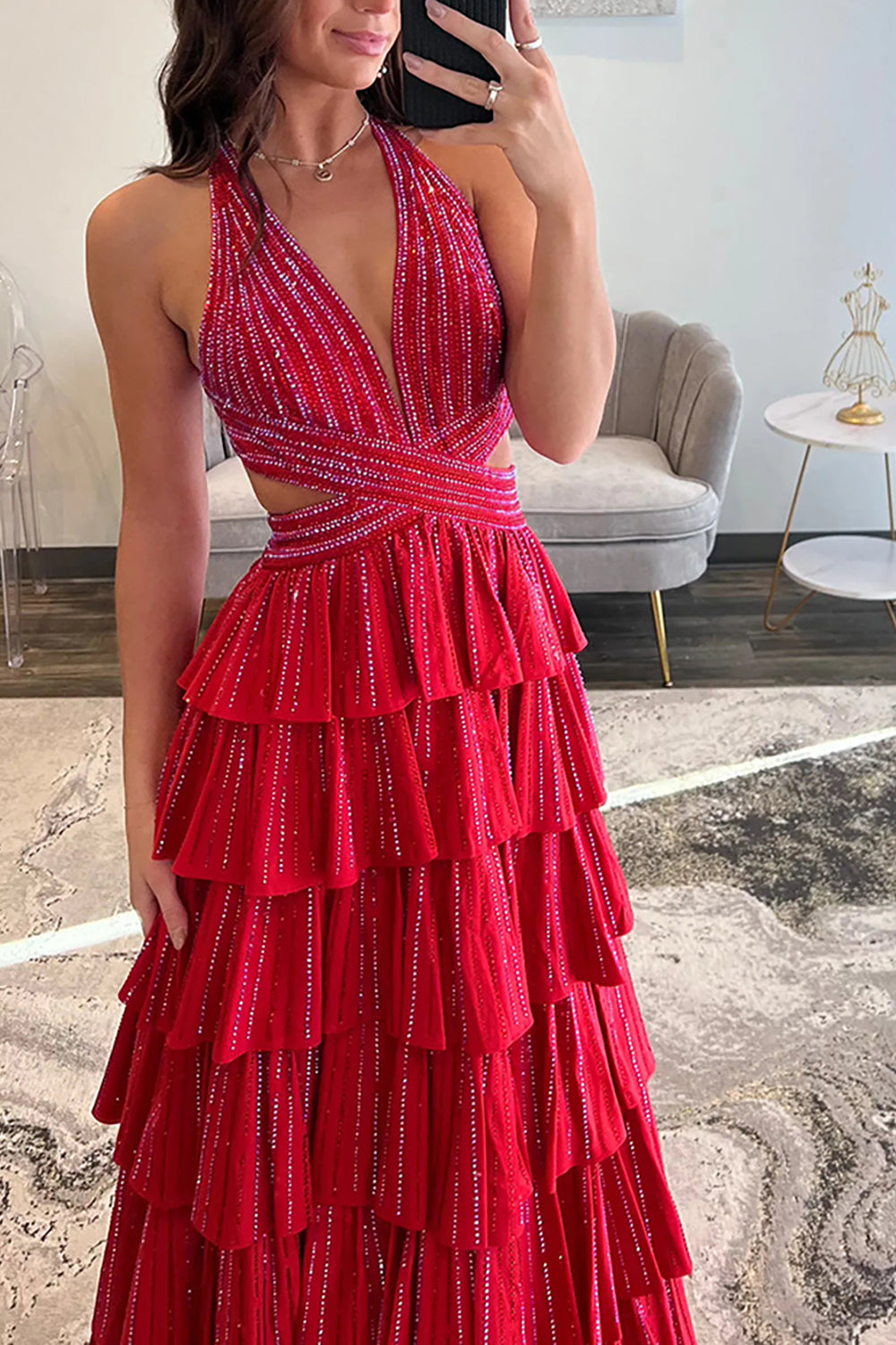 Halter Sleeveless Beading Tiered Ruffle A-Line Prom Dress Side Slit Open Back Floor Length