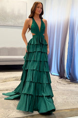 Halter Sleeveless Beading Tiered Ruffle A-Line Prom Dress Side Slit Open Back Floor Length