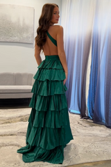 Halter Sleeveless Beading Tiered Ruffle A-Line Prom Dress Side Slit Open Back Floor Length