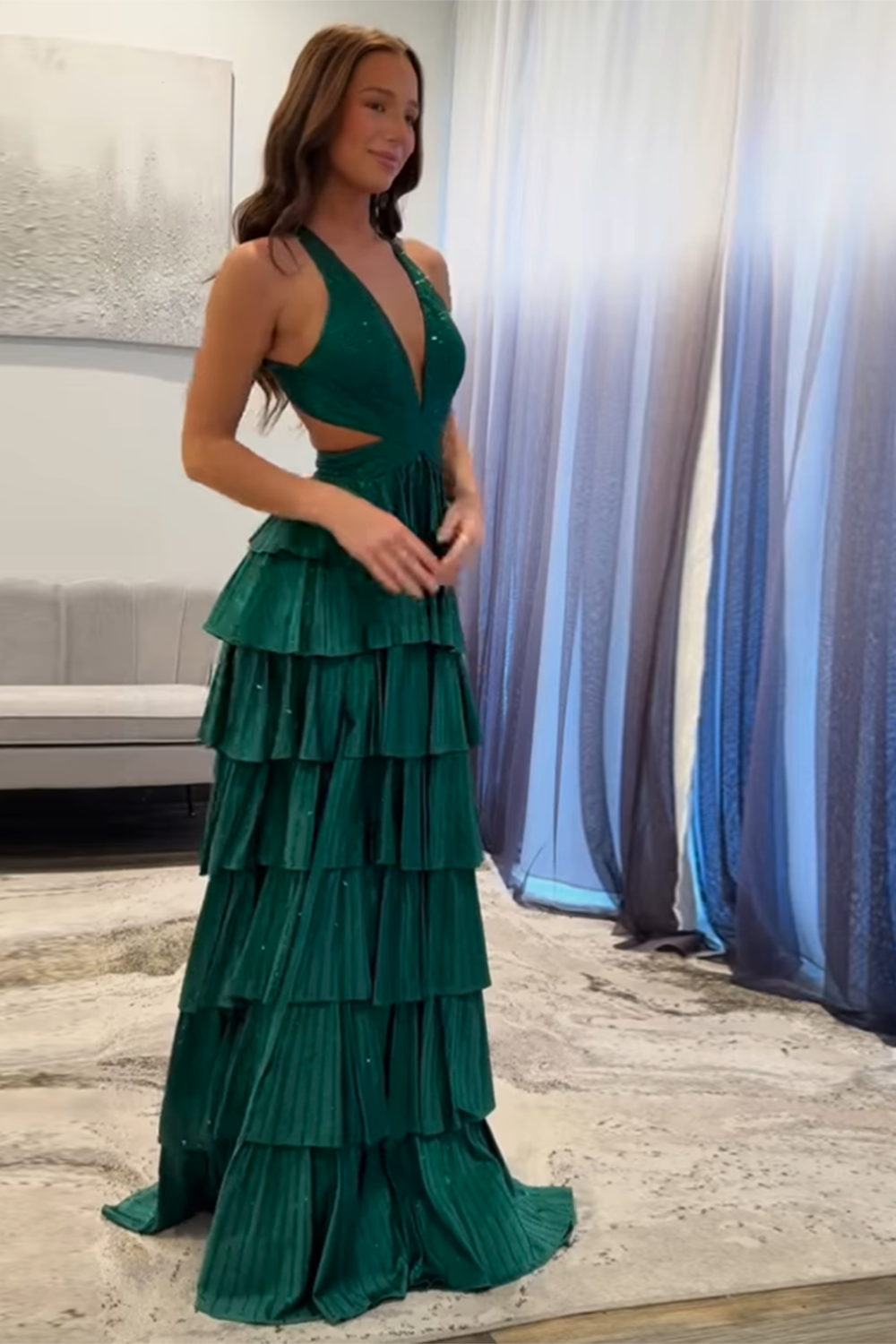Halter Sleeveless Beading Tiered Ruffle A-Line Prom Dress Side Slit Open Back Floor Length