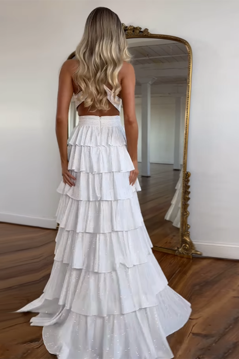 Halter Sleeveless Beading Tiered Ruffle A-Line Prom Dress Side Slit Open Back Floor Length