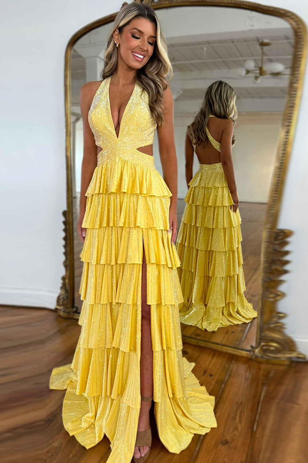 Halter Sleeveless Beading Tiered Ruffle A-Line Prom Dress Side Slit Open Back Floor Length