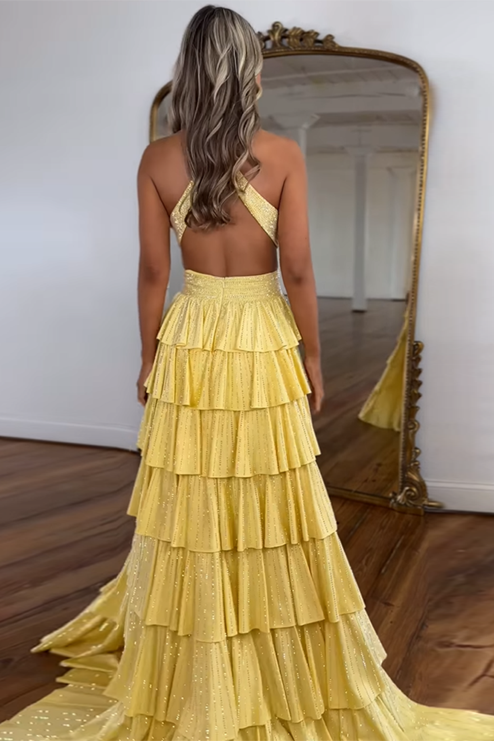Halter Sleeveless Beading Tiered Ruffle A-Line Prom Dress Side Slit Open Back Floor Length