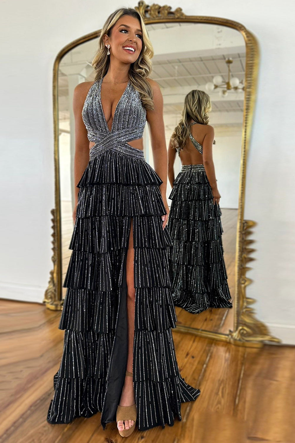 Halter Sleeveless Beading Tiered Ruffle A-Line Prom Dress Side Slit Open Back Floor Length