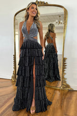 Halter Sleeveless Beading Tiered Ruffle A-Line Prom Dress Side Slit Open Back Floor Length