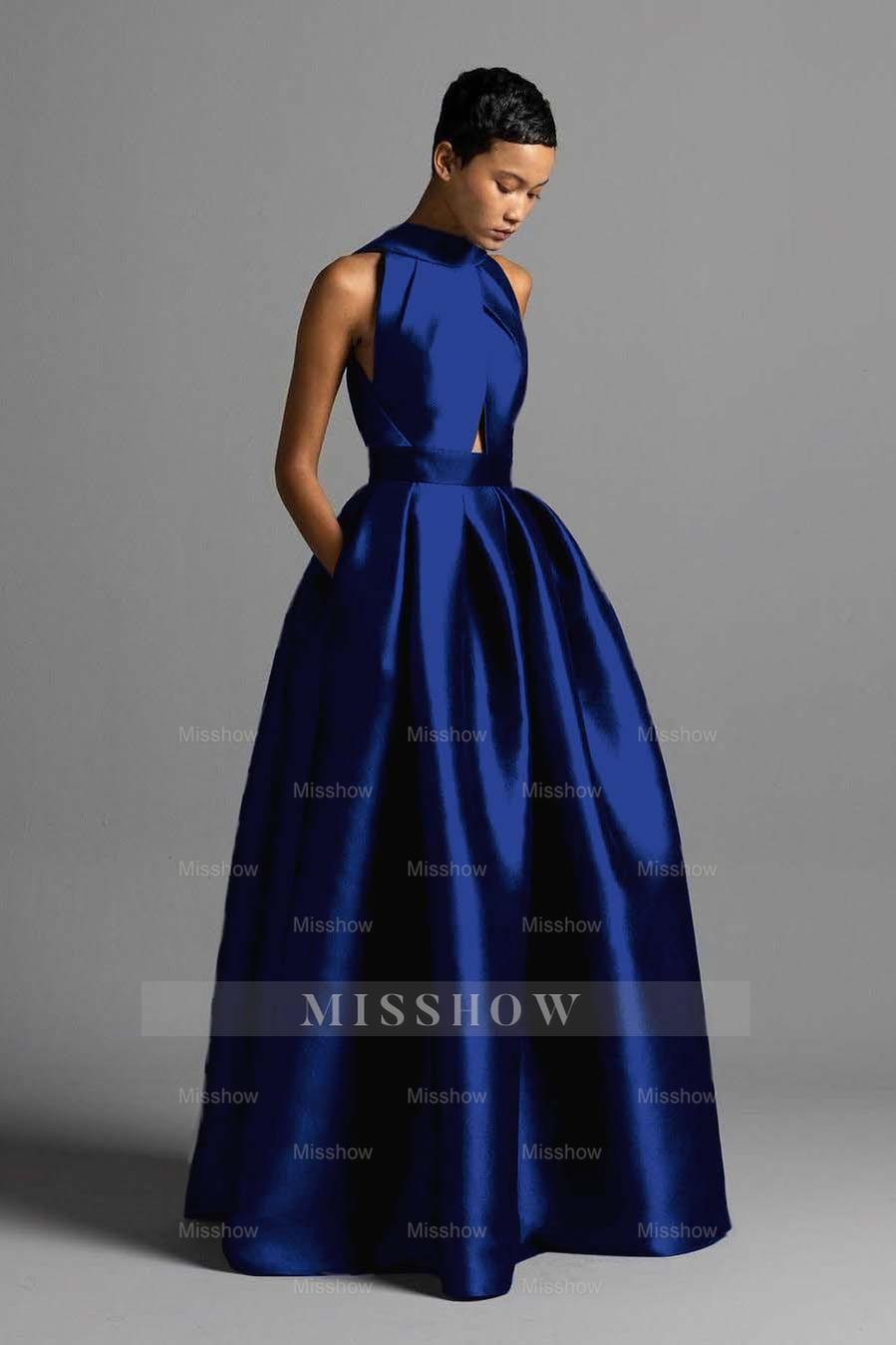 Halter Sleeveless High Waist Long Formal Dress With Pocket Pleated