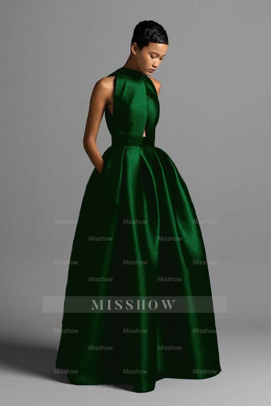 Halter Sleeveless High Waist Long Formal Dress With Pocket Pleated