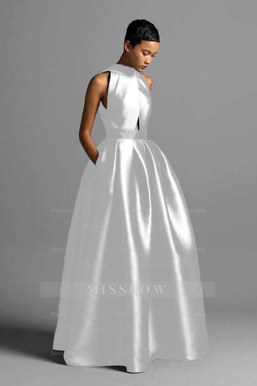Halter Sleeveless High Waist Long Formal Dress With Pocket Pleated