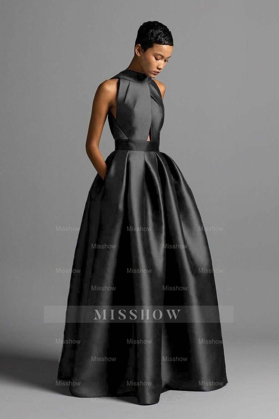 Halter Sleeveless High Waist Long Formal Dress With Pocket Pleated