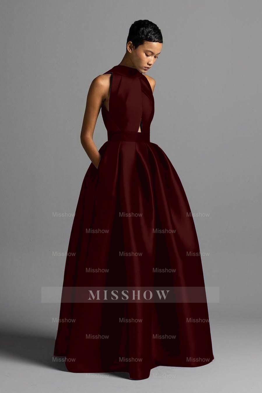 Halter Sleeveless High Waist Long Formal Dress With Pocket Pleated