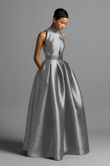 Halter Sleeveless High Waist Long Formal Dress With Pocket Pleated