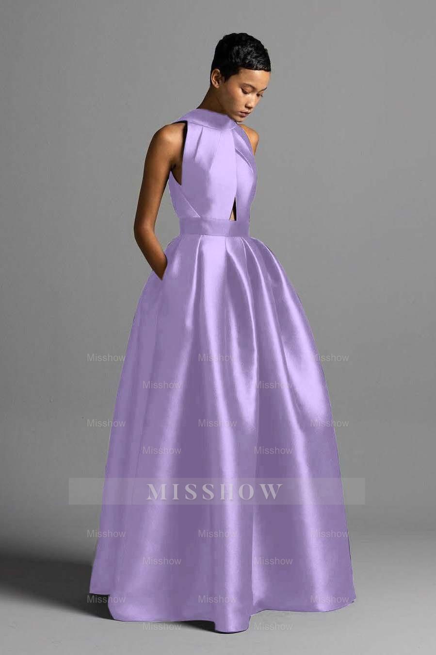 Halter Sleeveless High Waist Long Formal Dress With Pocket Pleated